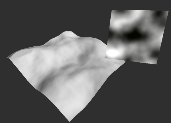 A Perlin noise texture alongside the heightmap output