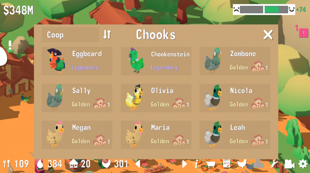 A menu of my design, used to see individual chook stats.